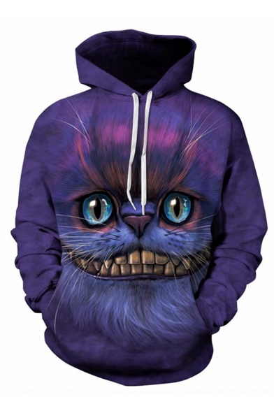 Popular Fashion Cheshire Cat 3D Printed Purple Long Sleeve Casual Loose Drawstring Pullover Hoodie
