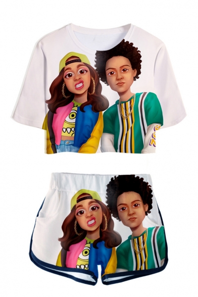 Popular Funny Cartoon Figure Print Short Sleeve Crop Tee with Dolphin Shorts Sport Two-Piece Set