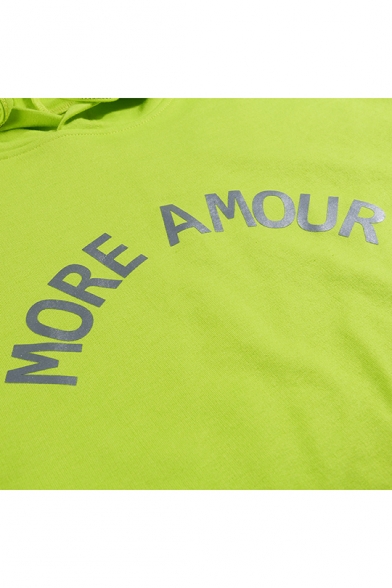 Popular Reflect Light Letter MORE AMOUR Print Long Sleeve Green Pocket Pullover Drawstring Loose Long Hoodie