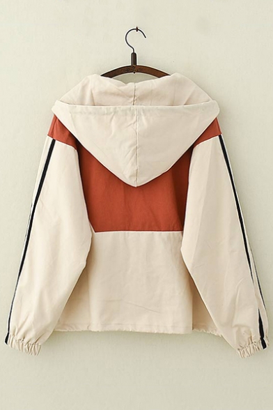 Preppy Chic Stripe Colorblocked Drawstring Hooded Flap Pocket Zipper Work Jacket Coat