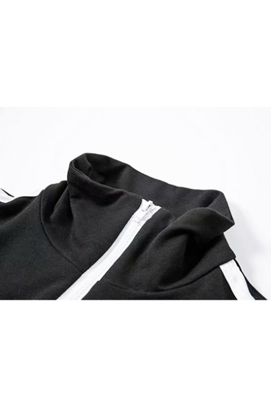 Simple Letter Printed Contrast Stripe Zipper Cropped Black Jacket Coat