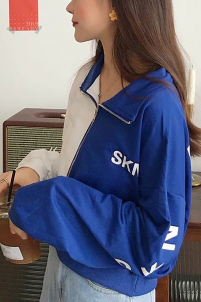 SKN Letter Printed Zipper Front Stand Up Collar Color Block Long Sleeve Cropped Sweatshirt