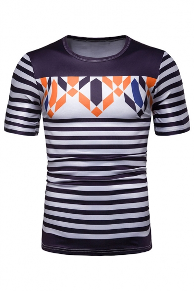 Striped Geometric Printed Short Sleeve Round Neck Fitted Stretch Mens Tee