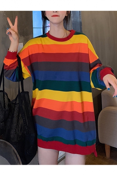 Stylish High Low Hem Rainbow Striped Round Neck Long Sleeve Loose Oversized Longline Sweatshirt