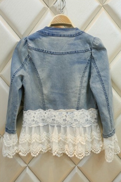 Stylish Lace Panel Studded Embellished Round Collar Single Breasted Fitted Jean Jacket Coat