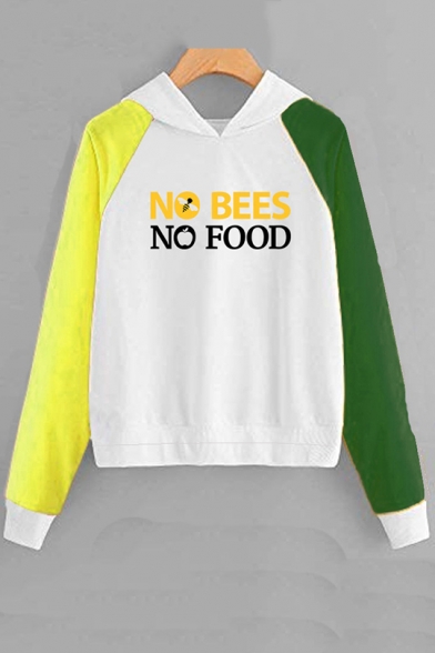 Stylish Letter NO BEES NO FOOD Bee And Apple Printed Long Sleeve Color Block Pullover Hoodie