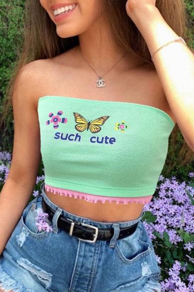 SUCH CUTE Letter Butterfly Floral Printed Strapless Green Bandeau Tee