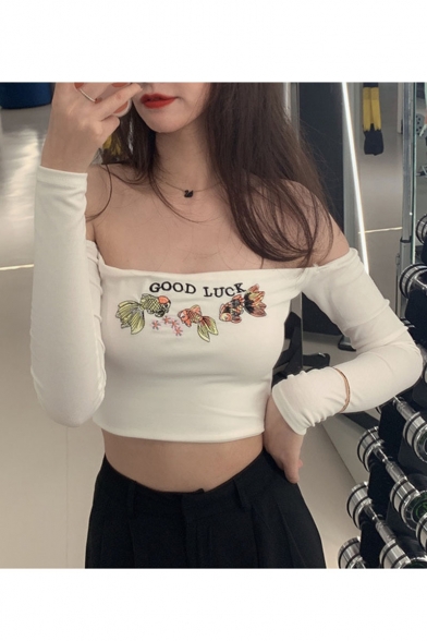 Summer Chic Long Sleeve Off Shoulder GOOD LUCK Letter Fish Printed Slim Fitted White T-Shirt
