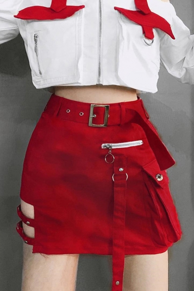 Summer Cool Unique Plain High Waist Cutout Flap Pocket Zip Front Belt Waist Slim Fitted Mini Cargo Skirt