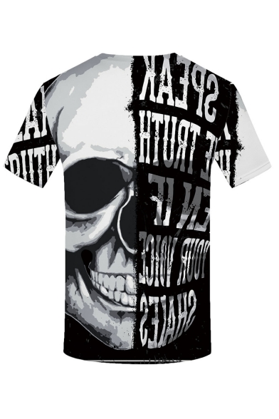 Summer Letter Skull Print Basic Short Sleeve Round Neck Black And White T-Shirt