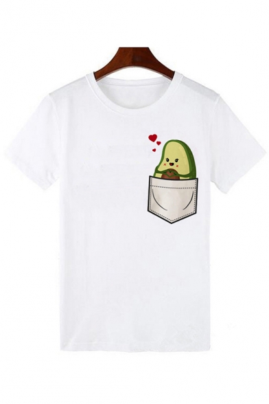 Summer Hot Trendy Funny Cartoon Avocado Printed White Round Neck Short Sleeve T-Shirt