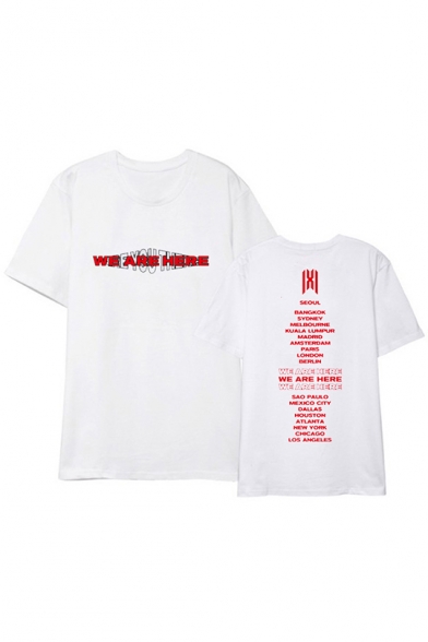 Summer Kpop Boy Group WE ARE HERE Letter Print Short Sleeve Round Neck Tee
