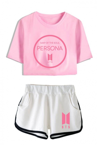 Summer's BTS Idol PERSONA Letters Print Short Sleeve Crop T-Shirt with Dolphin Shorts Co-ords