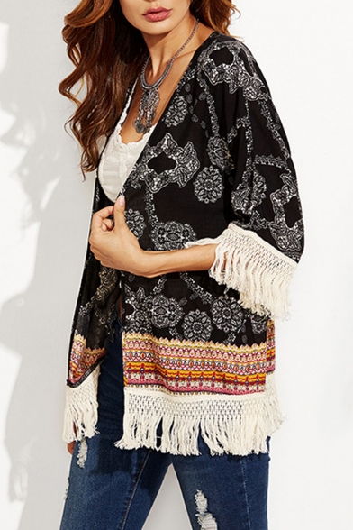 Summer Womens Fashion Tribal Pattern Tassel Hem Beach Kimono Blouse Top