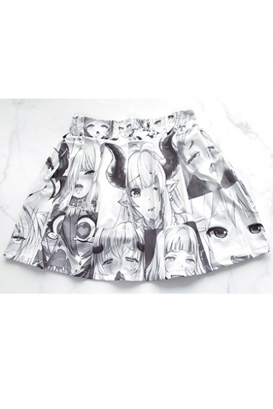 Summer Womens Personalized Elastic Waist Cartoon Printed Mini Pleated A-Line Skirt