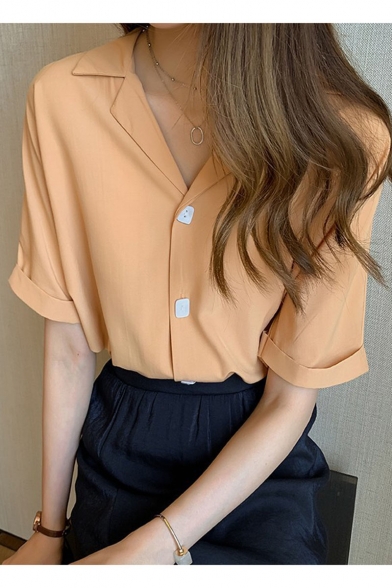 Summer Womens Trendy Plain Lapel Collar Rolled Short Sleeve Button Shirt