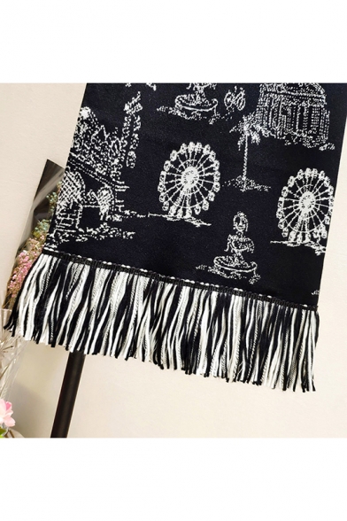 Trendy Black High Waist Printed Fringe Hem Midi Knitted Pencil Skirt