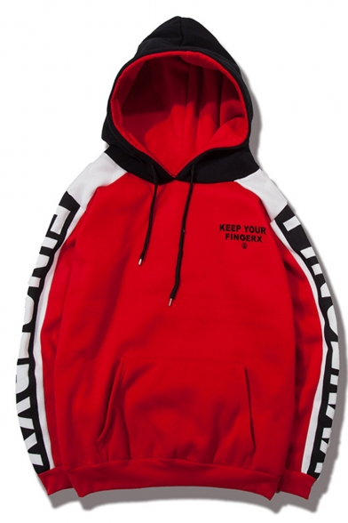 Trendy Colorblock Letter Printed Long Sleeve Unisex Red Drawstring Pullover Hoodie