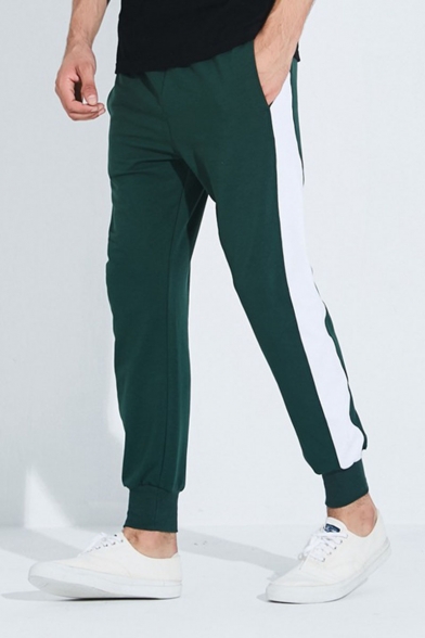 Trendy Colorblock Patched Side Men's Green Relaxed Fit Casual Sports Sweatpants