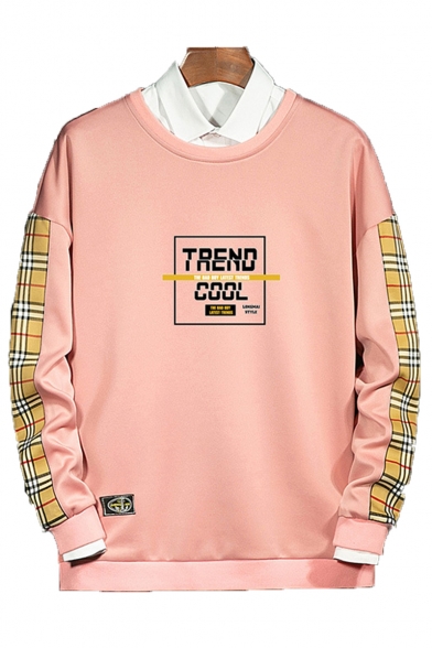 Trendy Letter Plaid Printed Round Neck Long Sleeve Casual Sports Pullover Sweatshirts