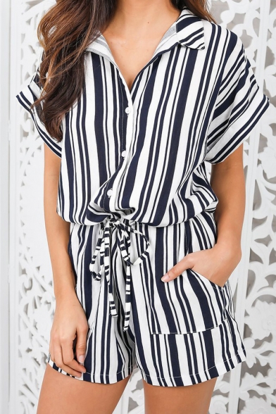 Trendy Navy Short Sleeve Drawstring Waist Button Front Vertical Striped Print Rompers