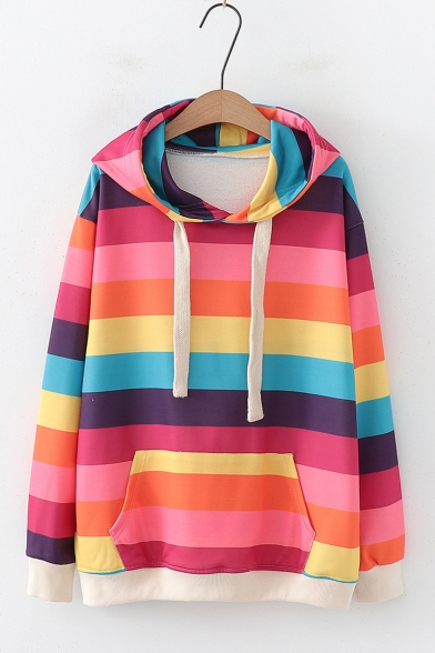 I613 Womens Casual Long Sleeve Hoodie Sweatshirts Fashion Rainbow Stripe Printed Pullover Leightweight Blouse Coat