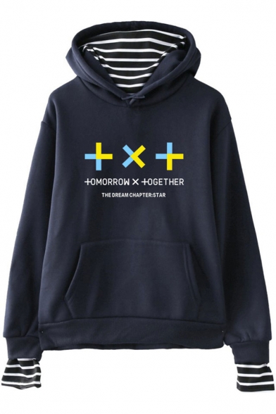 Unique Letter TXT Printed Stripe Inside Fake Two-Piece Casual Hoodie