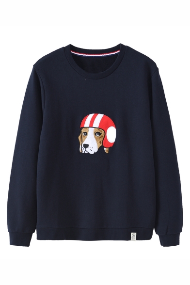 Unisex Popular Fashion Cute Dog Embroidery Pattern Round Neck Long Sleeve Casual Loose Sweatshirts