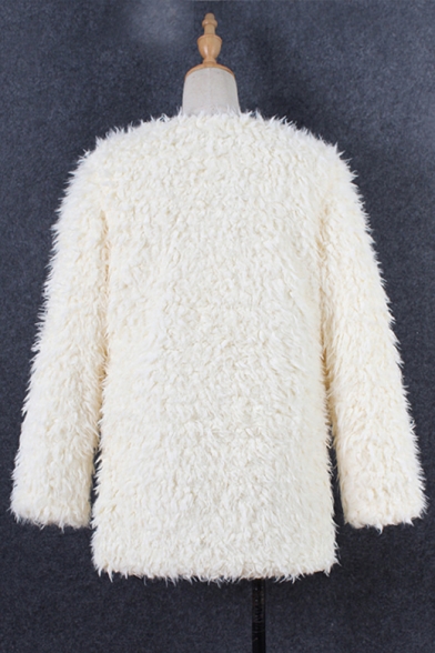 White Chic Simple Plain Open Front Long Sleeve Longline Faux Fur Coat