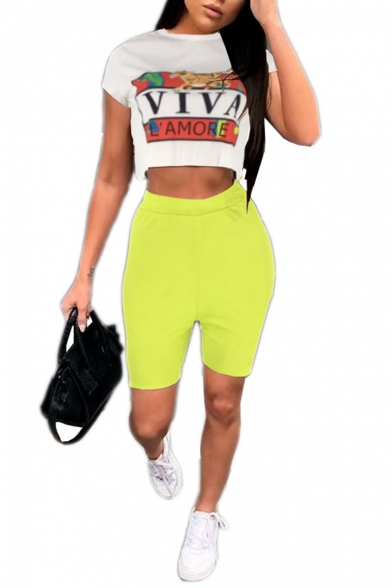 White Short Sleeve Letter Printed Cropped Tee with Green Elastic Waist Shorts Fashion Two Piece Set