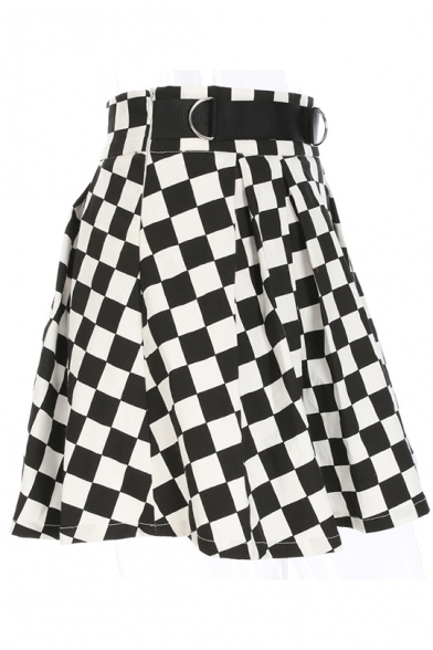 Women Black and White Checkered Plaid Pattern Mini Pleated Skirt