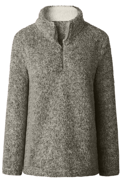 Women's Plain Half-Zip Stand Collar Long Sleeves Pullover Relaxed Fluffy Sweatshirt