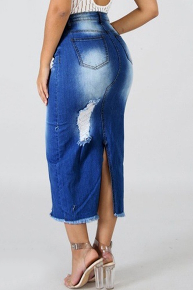Women's Sexy Washed Denim Frayed Knee-Length Bodycon Jean Skirt