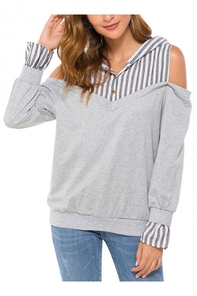 Women's Stripe Print Cold Shoulder Long Sleeve Button Front Relaxed Hoodie