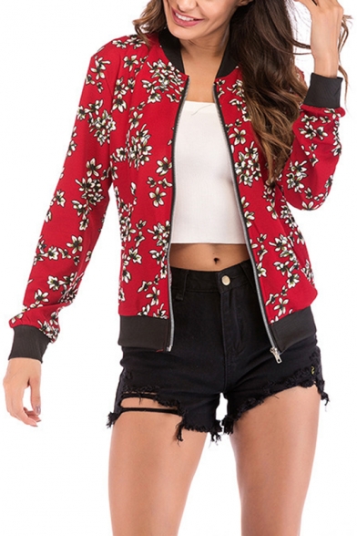 Womens Fancy Floral Printed Stand Collar Long Sleeve Zip Up Fitted Baseball Jacket