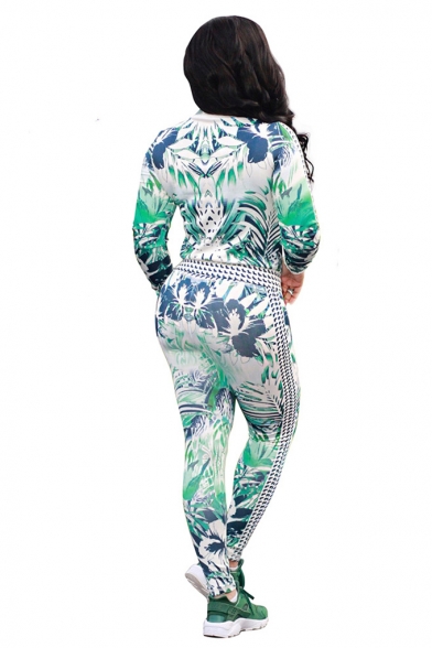Womens Fancy Green Leaf Pattern Zip Jacket with Skinny Leggings Two-Piece Set