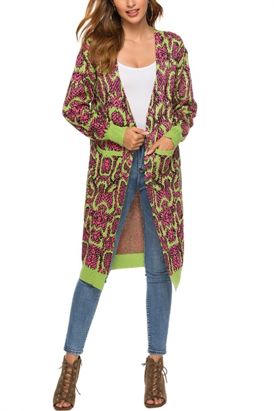 Womens Fashion Snake Print Open Front Long Sleeve Longline Cardigan with Pockets