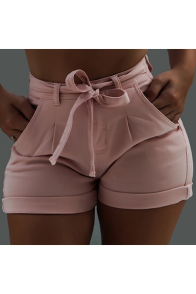 Womens Hot Fashion Plain Tied Waist Slim Fitted Denim Shorts