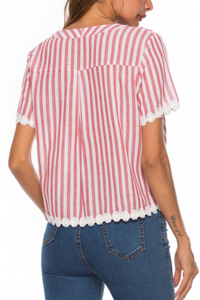 Womens Hot Popular Stripe Printed V-Neck Short Sleeve Button Down Lace Patched Red Shirt Blouse