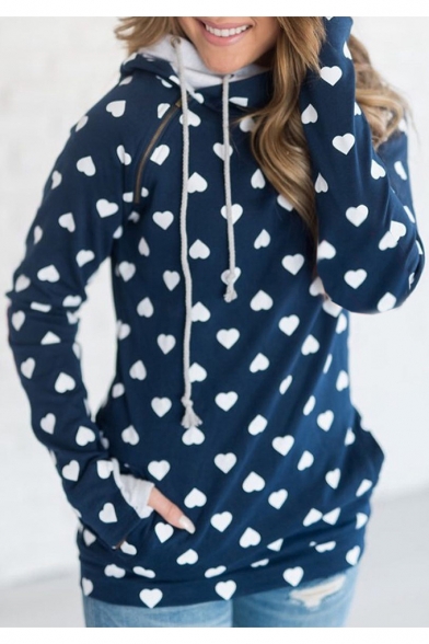 Womens Long Sleeve Zip Embellished Allover Heart Printed Hoodie with Pocket