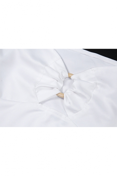 Womens New Arrival Stylish Plain Puff Short Sleeve Cutout Embellished White Cropped Shirt