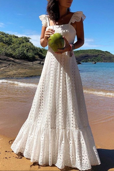 Womens New Fashion Square Neck Sleeveless White Guipure Ruffles Boho A-Line Maxi Dress