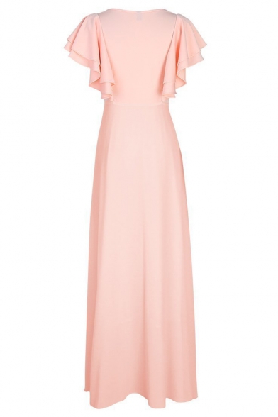 Womens New Trend V-Neck Ruffle Sleeves Webbing Tunic Pink A-Line Floor Length Maxi Dress