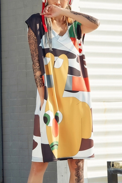 Womens New Trend V-Neck Sleeveless Hip-Hop Graffiti Print Midi Shift T-Shirt Dress