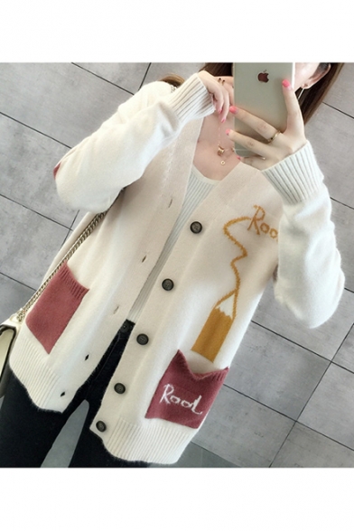 Womens Off-Duty Casual Pencil ROOL Letters Print V-Neck Long Sleeve Cardigan with Pockets