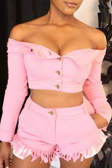 Womens Pink Plain Bardot Neck Long Sleeve Single Breasted Crop Tops with Denim Shorts Frayed Cuffs Two Piece Set