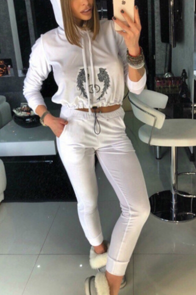 Womens Sport Casual Cropped Hoodie with Slim Fitted Pants Two-Piece Set