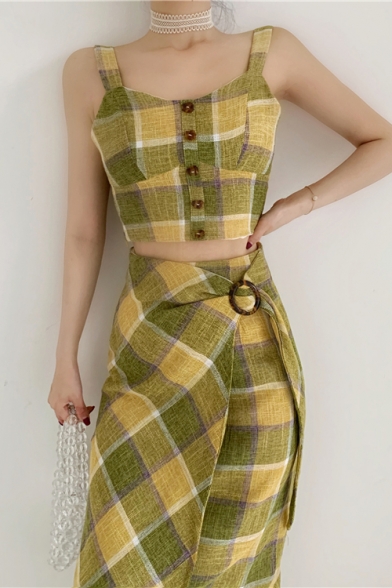 Womens Summer New Trendy Check Pattern Button Crop Cami Top with Midi Wrap Skirt Two-Piece Set