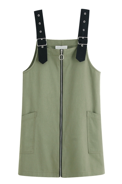 Womens Summer Simple Plain Army Green Buckled Straps Zipper Front Mini Overall Dress