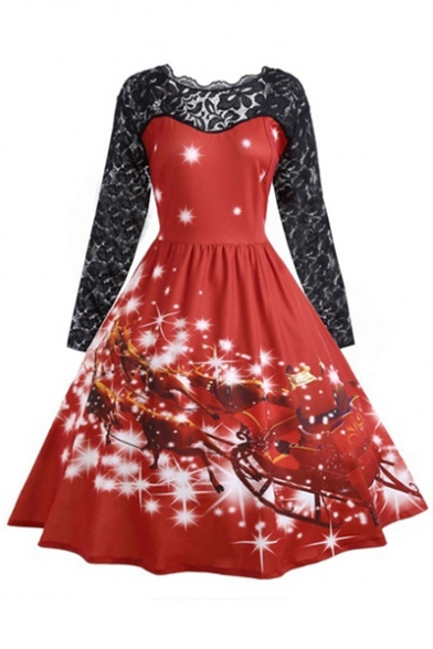 Womens Vintage Round Neck Long Sleeve Christmas Theme Hollow Lace Pleated Flare Dress